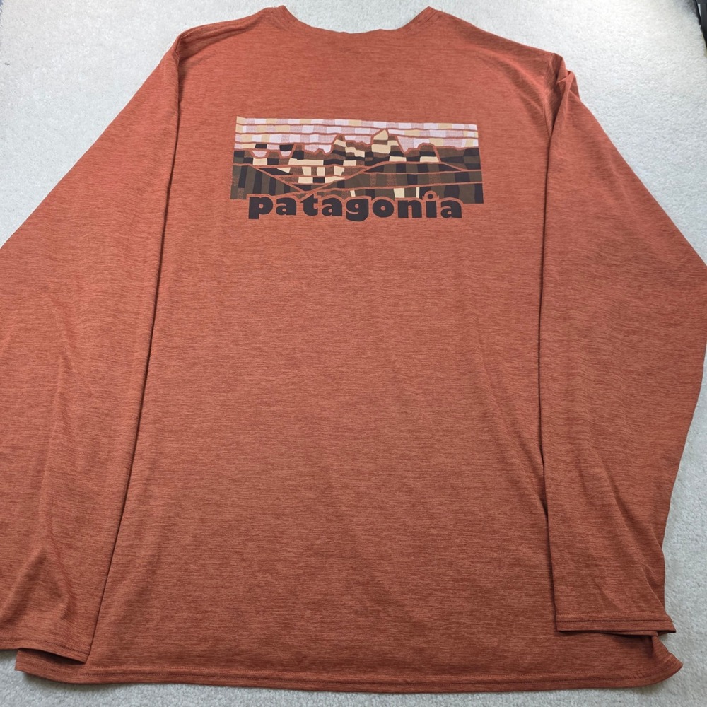 Patagonia Capilene Cool Daily Mens XXL Rust Orange Long Sleeve Mountain Graphic - Picture 3 of 9